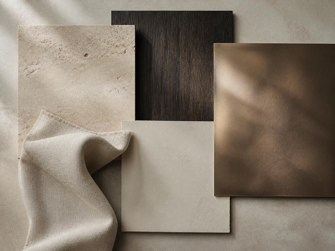 Paleta de materiais: travertino, carvalho fumê, bronze escovado e linho